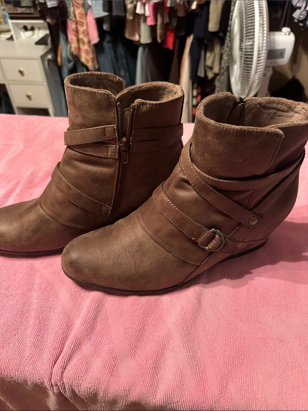 BareTraps Brown Suede-Look Ankle Booties with Wrap Strap